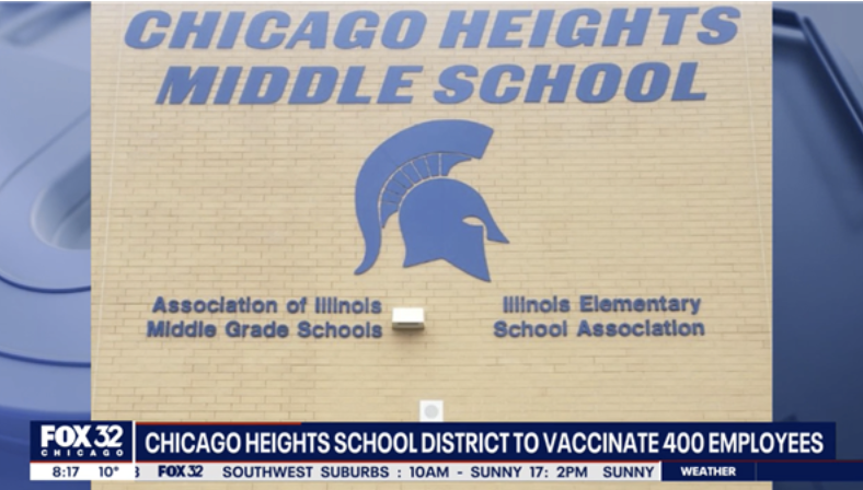 Chicago Heights Middle School logo and news blurb indicating vaccination of 400 employees