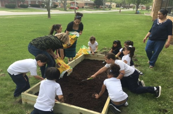 students playing in garden